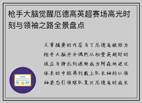 枪手大脑觉醒厄德高英超赛场高光时刻与领袖之路全景盘点