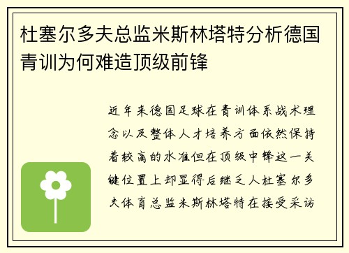 杜塞尔多夫总监米斯林塔特分析德国青训为何难造顶级前锋 杜塞尔多夫总监米斯林塔特分析德国青训为何难造顶级前锋